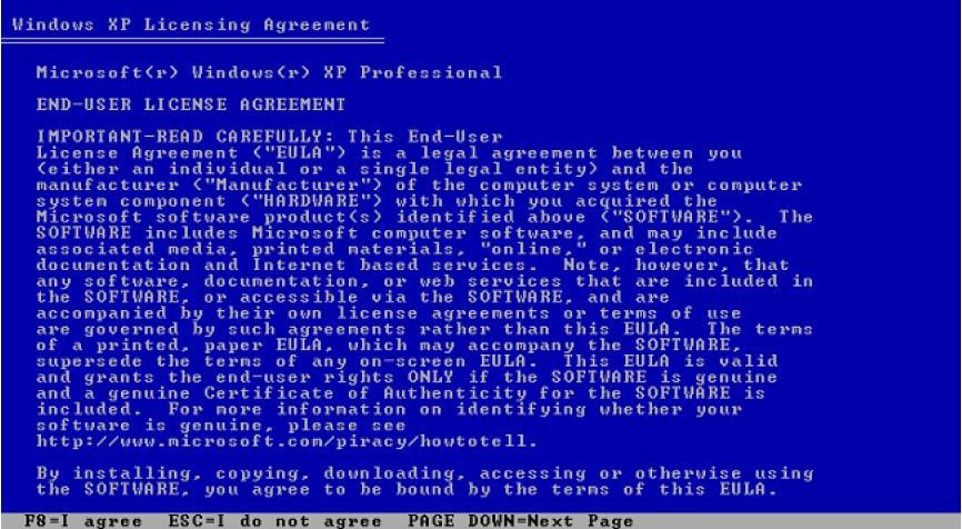 The Windows XP Licensing Agreement screen