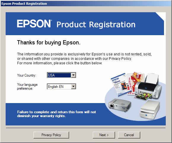 The Epson Product Registration window