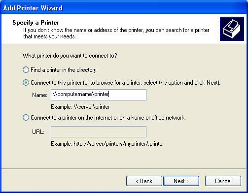 Click the A network printer, or a printer attached to another computer radio button,