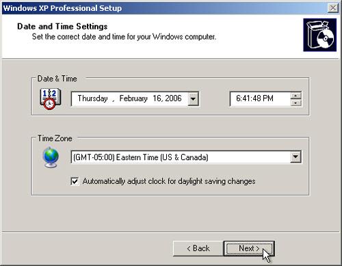Chapter 5 - Lab/Student Step 8 On the Date and Time Settings screen, configure the computer clock to match your local date, time, and time zone. Click Next.