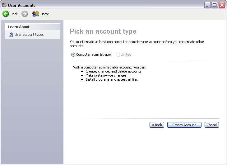 Chapter 5 - Lab/Student Step 4 At Pick an account type, leave the default setting of Computer
