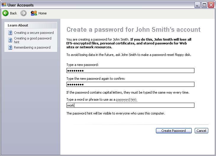 Chapter 5 - Lab/Student Step 6 On the Create a password for your account page, type your first initial and your last name in the Type a new password: field.