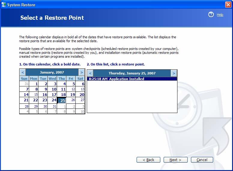 Chapter 5 - Lab/Student Step 13 Click Start > All Programs > Accessories > System Tools > System Restore. Select the Restore my computer to an earlier time radio button.