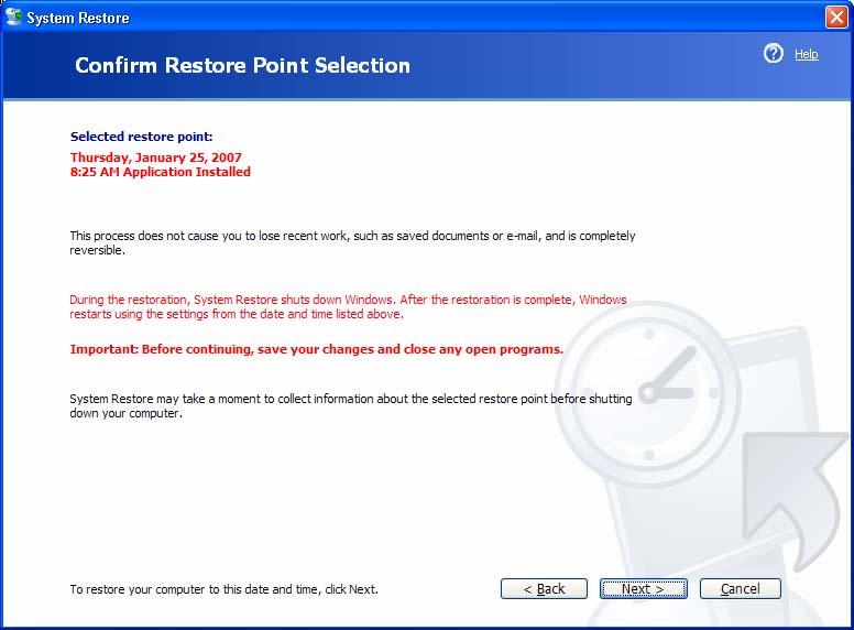 Chapter 5 - Lab/Student Step 15 The Confirm Restore Point Selection window appears.
