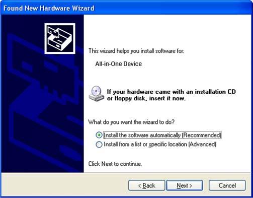 Chapter 7 Lab\Student The second screen of the Found New Hardware Wizard appears. The default is Install the software automatically (Recommended) Click Next.