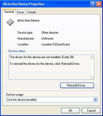 Chapter 7 Lab\Student Step 4 The Properties window for the all-in-one device appears The Device Status area shows that The drivers for this device are not installed. (Code 28).
