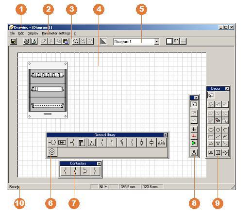 Equipment drawing and front panels - Drawing editor window Drawing editor window 1. Title bar (p.9) 2. Menu bar (p.164) 3. Tool bar (p.164) 4. Space in which you produce the drawings 5.