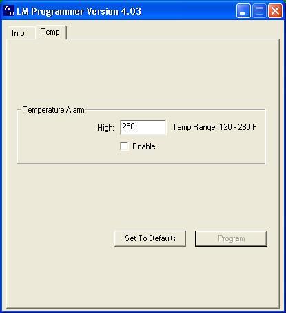 2.3 Temperature Alarm The temperature alarm setting can be configured in the Temp tab in LM Programmer. When the water temperature threshold has been exceeded the entire gauge s backlight will flash.