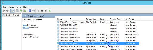 address <IP3>:1883 topic # out 4 Go to Windows Local Services and change the entry Dell WMS: Mosquitto service to start manually as shown in the following window. Figure 8.