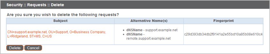 To delete one or more certificate requests, check the box for each desired request, select Delete
