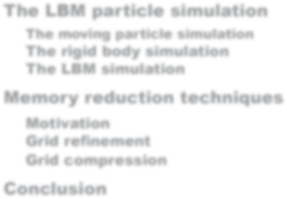 Outline The LBM particle simulation The moving particle simulation The rigid body simulation The