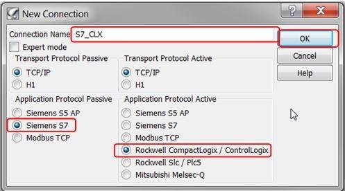 Enter a connection name and select Siemens S7 under the Application Protocol Passive section