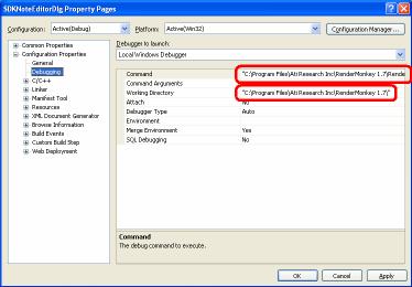 Project Debugging Under Configuration Properties -> Debugging, Set Command to point to RenderMonkey.