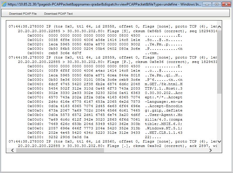 Juniper Secure Analytics Managing Juniper SRX PCAP Data Figure 4: Readable Version of the PCAP file Once the file is retrieved, a pop-up window appears, displaying a readable version of the PCAP