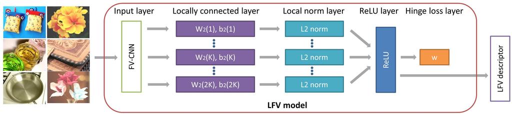Figure 2. Our LFV model comprises the input layer, locally connected layer, local normalization layer, ReLU layer, and the hinge loss layer. The input layer is the FV-CNN descriptor.