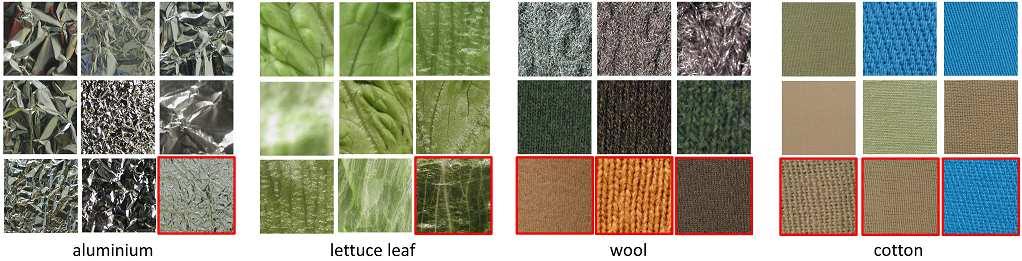 Figure 6. Example images from the KTH-TIPS2 dataset. With our LFV method, the aluminium and lettuce leaf image classes are the best classified classes (around 99.