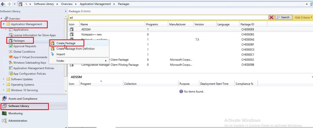 Step 2: Create an MSI package 1. Go to System Center Configuration Manager console. 2. Navigate to Software Library > Application Management drop-down > Packages > Create Package.