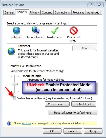 - If Enable Protected Mode is checked, do the following: Uncheck > Apply > OK > Restart Internet Explorer - Retry access of applications in DAG If still an issue, do the following: - Review