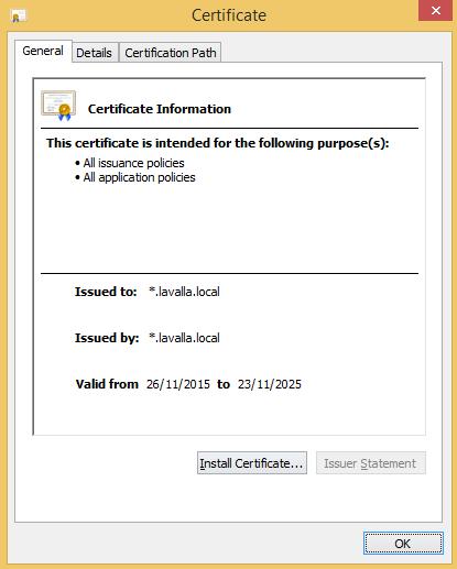 2. Type \\lcckilsr1\certificates\lavalla.local\wildcard.lavalla.local.public.cer in the open field then click OK. Fig 2. Use the run dialog box to connect to a network share. 3.
