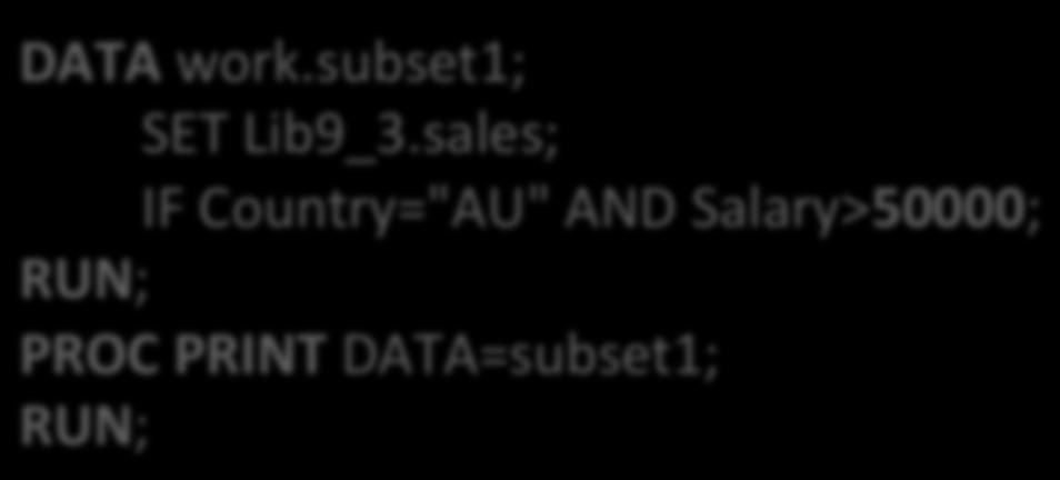 Reading a single SAS dataset DATA SAS-dataset; SET SAS-dataset; <more SAS statements>; - SAS-dataset in the DATA statement is the name (libref.