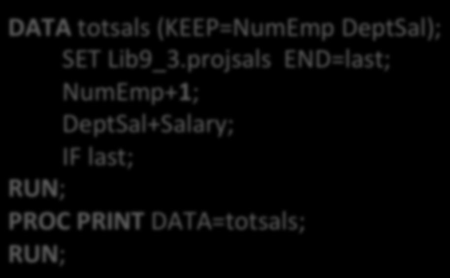This variable is not added to the dataset DATA totsals (KEEP=NumEmp DeptSal); SET Lib9_3.