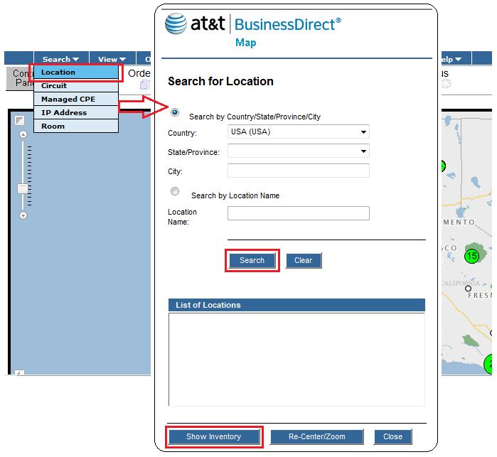 Go to Search > Location, add search criteria and click Search. From the resulting list of locations, select the site and click Show Inventory.