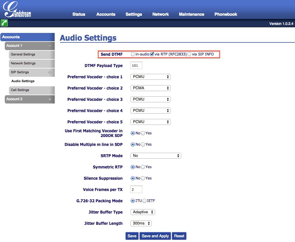 7. Hover cursor over [Accounts]. Select [Account 1] and click [Audio Settings]. Send DTMF: Check [via RTP].