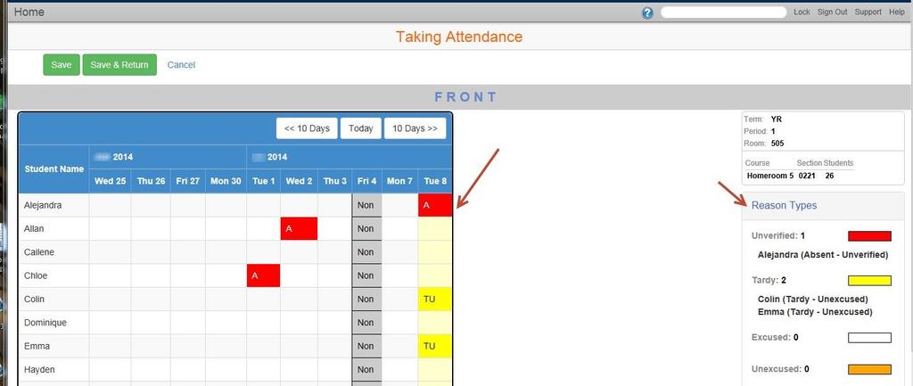 Attendance by List 1. A new screen appears. The column for the current day is highlighted in pale yellow. 2.