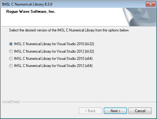 3. Product Selection This screen allows to you to select from the 32-bit or 64-bit versions of the C Numerical Libraries.