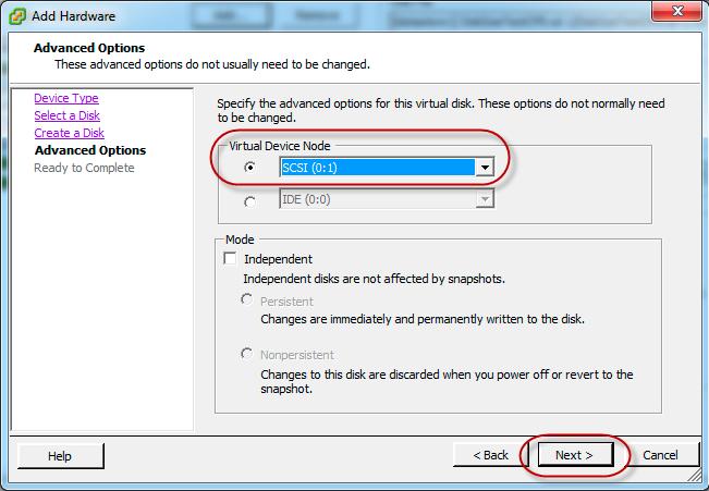 6. Leave the default settings on the Advanced Options page (the Virtual Device Node should be SCSI(0:1)), and then click Next.