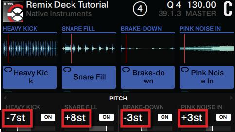 Turn a Performance knob clockwise to pitch up or counterclockwise to pitch down the samples individually.