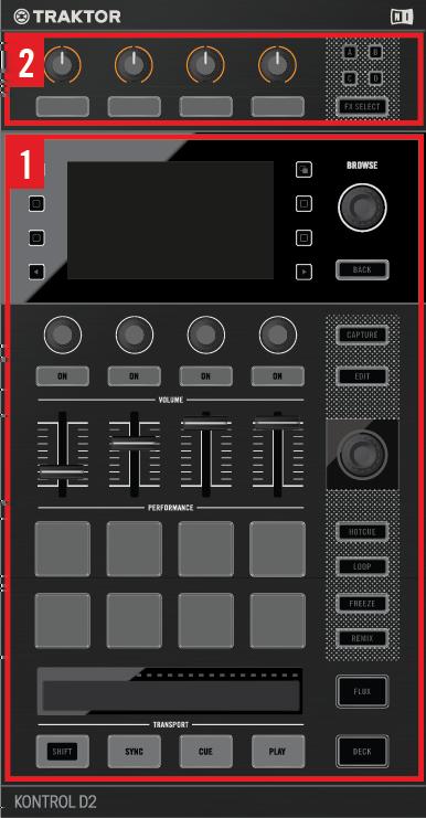 Hardware Reference Overview of the Controller Sections on D2's Top side The top panel of the TRAKTOR KONTROL D2 is divided into two main areas: (1) Deck: The Decks are the place where tracks, Stem