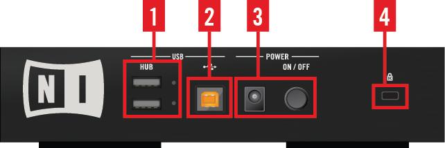 Hardware Reference The Rear Panel Connections on D2's Rear Panel (1) USB Hub: The USB Hub connects USB-devices such as other TRAKTOR controllers. For more information, refer to section 4.4.4, USB Hub.