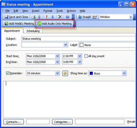 Chapter 2: Scheduling a Meeting Setting up an Audio Only meeting To set up an Audio Only meeting using WebEx Integration to Outlook, open a new Meeting Request or Appointment window in Outlook, and