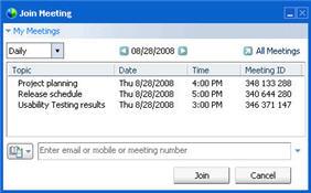 Chapter 6: Joining a Meeting 2 On the menu that appears, choose Join a Meeting. The Join Meeting dialog box opens and shows a list of meetings you are invited to for the current day.