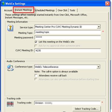 Chapter 7: Installing and Setting Up WebEx Productivity Tools 5 Specify options for meetings started instantly from the One-Click panel, Microsoft Office, browsers, instant