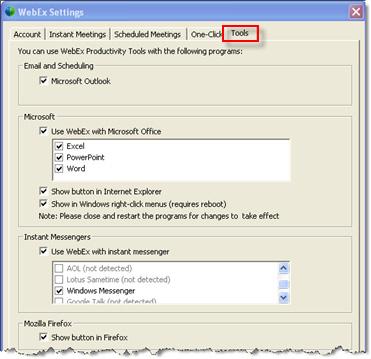Chapter 7: Installing and Setting Up WebEx Productivity Tools 9 Specify options for the One-Click panel. For more details, see About the One-Click tab (on page 56). 10 Click the Tools tab.