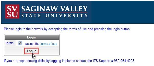 4. Check the box to accept the SVSU terms of use. 5. Click Log In.