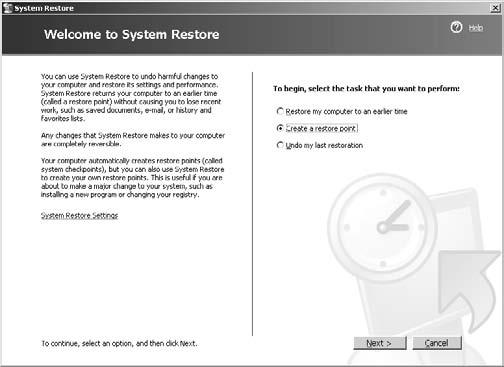 Create a System Restore Point Create a System Restore Point 1. Choose Start All Programs Accessories System Tools System Restore. 2.