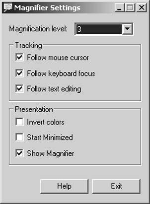 Chapter 10: Customizing Windows Behavior Use Magnifier to Adjust Text Size 1. Choose Start All Programs Accessories Accessibility Magnifier. 2. In the resulting dialog box, Click OK to move on. 3.