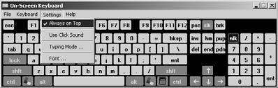 Chapter 10: Customizing Windows Behavior Use the On-Screen Keyboard Feature 1. Choose Start All Programs Accessories Accessibility On-Screen Keyboard. 2.