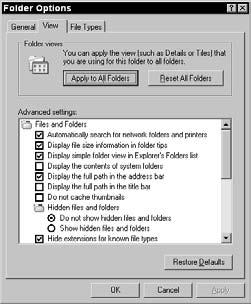 Chapter 10: Customizing Windows Behavior View File Extensions 1. Open any window where you view folders (for example, choose Start My Documents). 2. Choose Tools Folder Options. 3.