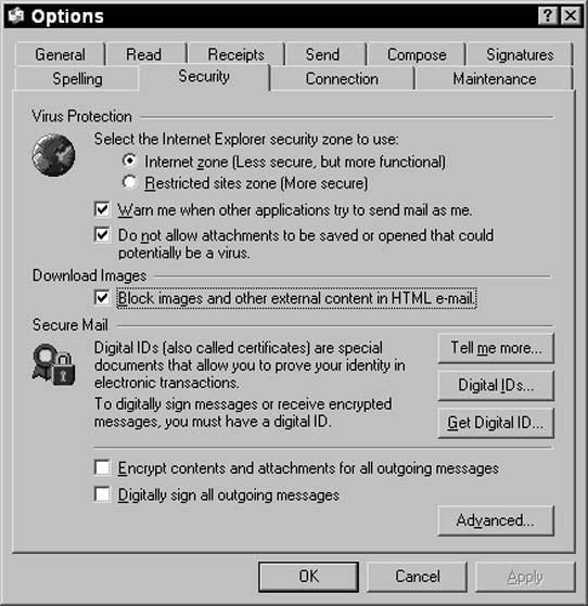 Block External Content in HTML Messages in Outlook Express Block External Content in HTML Messages in Outlook Express 1. Choose Start Outlook Express. 2. Choose Tools Options. 3.