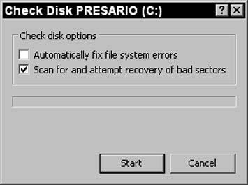 Chapter 13: Troubleshooting Hardware Problems Run Error Checking to Detect Bad Sectors on a Hard Drive 1. Choose Start My Computer. 2. Right-click the disk you want to repair and choose Properties. 3.