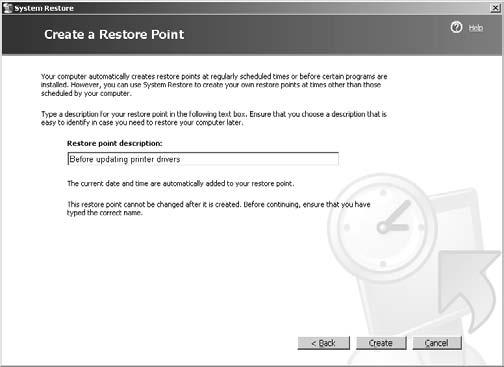 In the resulting dialog box (see Figure 14-5), fill in the Restore Point Description text box; this description is helpful if you create multiple restore points and want to identify the correct one.
