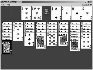 Play FreeCell Play FreeCell 1. Choose Start All Programs Games FreeCell. 2. In the resulting FreeCell window, shown in Figure 16-2, choose Game New Game; a new game is dealt and ready to play. 3.