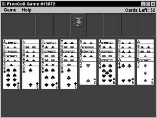 The goal is to move all the cards, grouped by the four suits, to the home cells (the four cells in the upper-right corner) stacked in order from Ace at the bottom to King at the top.