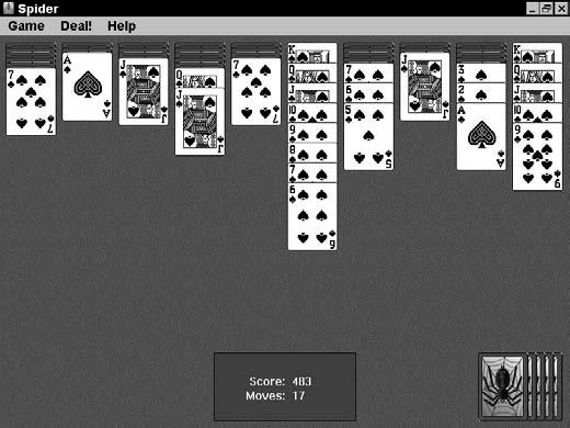 Chapter 16: Playing Games in Windows Play Spider Solitaire 1. Choose Start All Programs Games Spider Solitaire. 2.