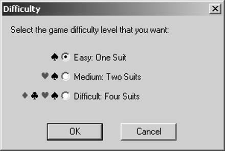 Difficult: Adds to the game s complexity with all four suits being dealt. After you make this choice, click OK. 3.