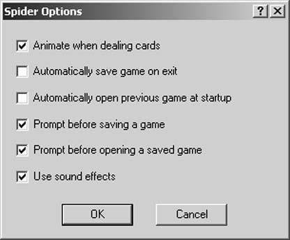 Play Spider Solitaire Change the options: Choose Game Options (see Figure 16-7).